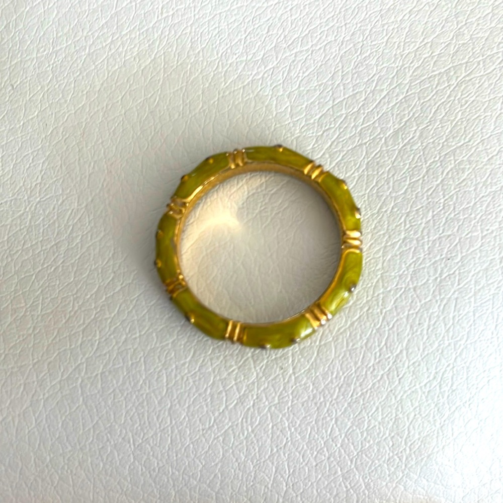 Chartreuse and Gold Enamel Polka Dot Ring - Size 6